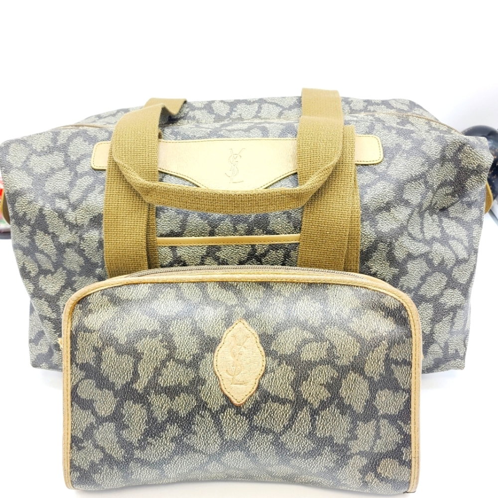Yves Saint Laurent Brown Leopard Print Travel Bag with Tan Trim